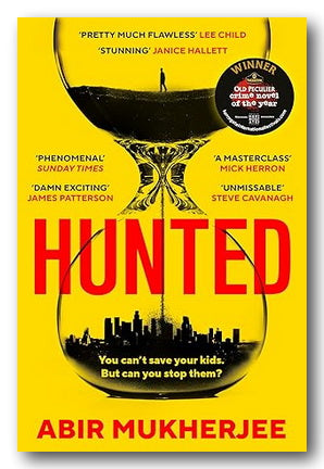 Book cover of 'Hunted' by Abir Mukherjee with a yellow background and red text.