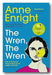 Book cover of 'The Wren, The Wren' by Anne Enright with a blue background and illustration of a woman with a bird on her face.