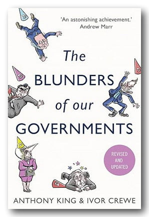 Book cover of 'The Blunders of Our Governments' with illustrations of people in formal attire and a purple circle with text.