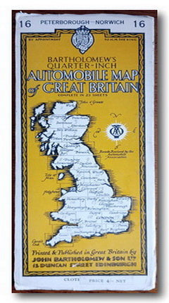 Map of Peterbourgh - Norwich area Great Britain by Bartholomew's with yellow border and white text