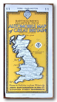 Bartholomew's Automobile Map of part of Great Britain with a yellow border and map illustration.
