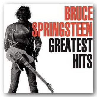 Album cover with a silhouette of a person holding a guitar and 'Bruce Springsteen Greatest Hits' text.