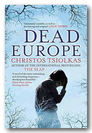 Book cover of 'Dead Europe' by Christos Tsiolkas with a blue background and silhouette of a person.