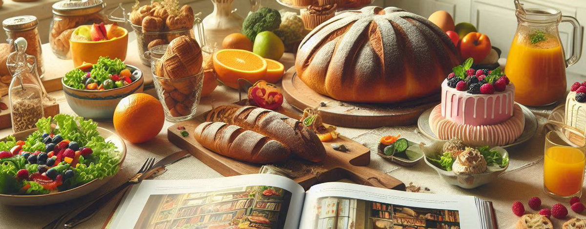 Dessert table with cake, bread, fruits, and a magazine open to a recipe.