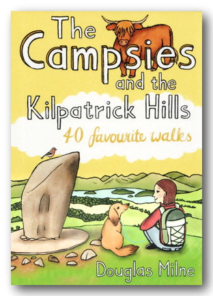 Book cover of 'The Campsies and the Kilpatrick Hills' with illustrations of a hilltop and a person with a dog.