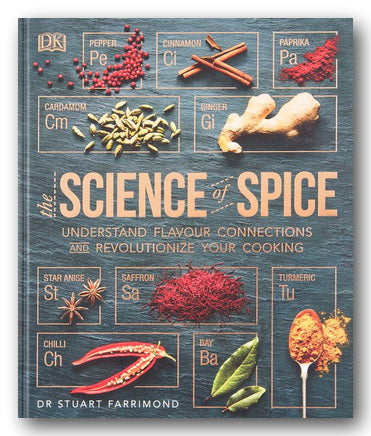 Book titled 'The Science of Spice' by Dr. Stuart Farrimond with spice illustrations on a blue background.