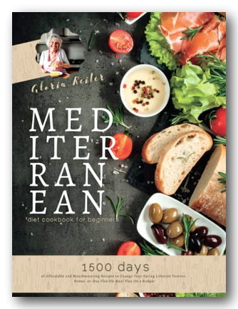 Book cover of 'Mediterranean Diet Cookbook for Beginners' with images of food and an elderly woman.