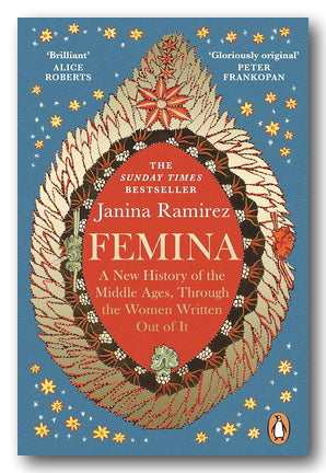 Book cover of 'FEMINA' by Janina Ramirez with decorative elements on a blue background