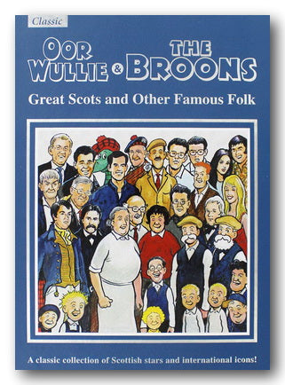 Book cover of 'Oor Wullie & Broons' featuring illustrations of characters on a blue background.