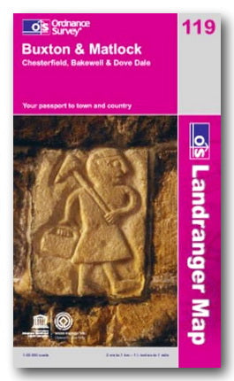 Ordnance Survey Landranger map 119 for Buxton & Matlock with a pink border.