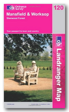 Ordnance Survey Landranger map cover for Mansfield & Worksop with a pink border and image of two people on a bench.