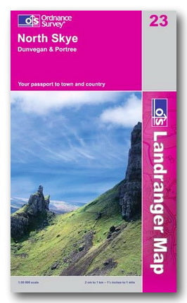 Ordnance Survey Landranger Map of North Skye with a scenic view and pink border.