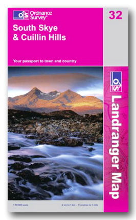 Ordnance Survey Landranger Map 32 for South Skye & Cuillin Hills with a scenic view and pink border.