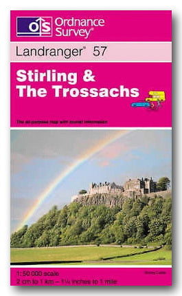 Ordnance Survey map of Stirling and The Trossachs with a pink border and castle image.