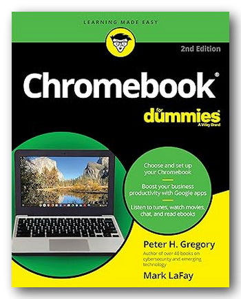 Book cover of 'Chromebook for Dummies' with a laptop and nature scene on a green and yellow background.