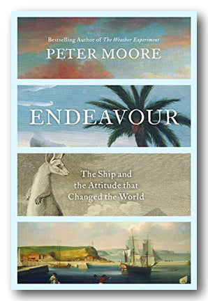 Book cover of 'Endeavour' by Peter Moore, featuring four horizontal illustrated panels with a sunset sky, ocean and palm tree, a kangaroo, and a coastal harbour scene, set against a pale blue border.