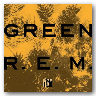 Album cover for R.E.M.'s 'Green' with a yellow and brown abstract design.