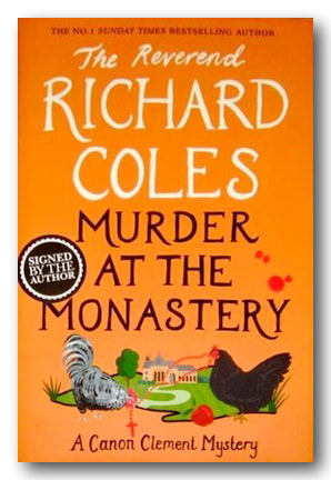 Book cover of 'Murder at the Monastery' by Richard Coles with an orange background