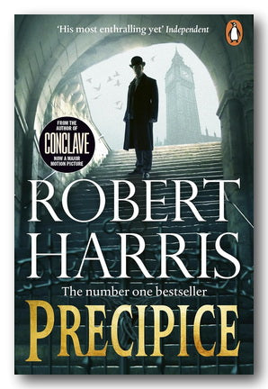 Book cover of the novel 'Precipice' by Robert Harris, featuring a dark, atmospheric illustration of a man in a top hat standing on steps in front of a large archway, with the title in large gold letters and the Penguin logo at the top right.