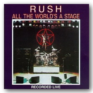 Album cover of 'All The World's A Stage' by Rush with stage and pentagram design.