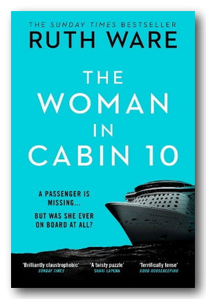 Book cover for 'The Woman in Cabin 10' by Ruth Ware, featuring a bright turquoise background, large white title text, black author name, and a partial cruise ship illustration at the lower right.