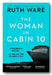 Book cover for 'The Woman in Cabin 10' by Ruth Ware, featuring a bright turquoise background, large white title text, black author name, and a partial cruise ship illustration at the lower right.