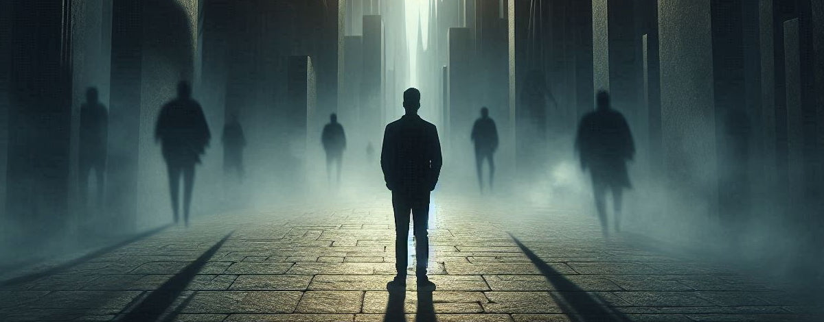 Silhouettes of people walking in a foggy, urban setting with a lone figure in the foreground.