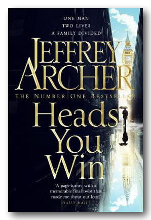 The cover of the second hand paperback book 'Heads You Win' by Jeffrey Archer, featuring a dark cityscape with a statue and a reflective surface.