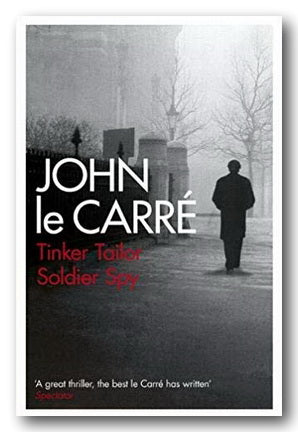 The cover of the book 'Tinker, Tailor, Soldier, Spy' by John le Carré, featuring a black and white image of a person walking away on a path with trees on either side, title and author name displayed.
